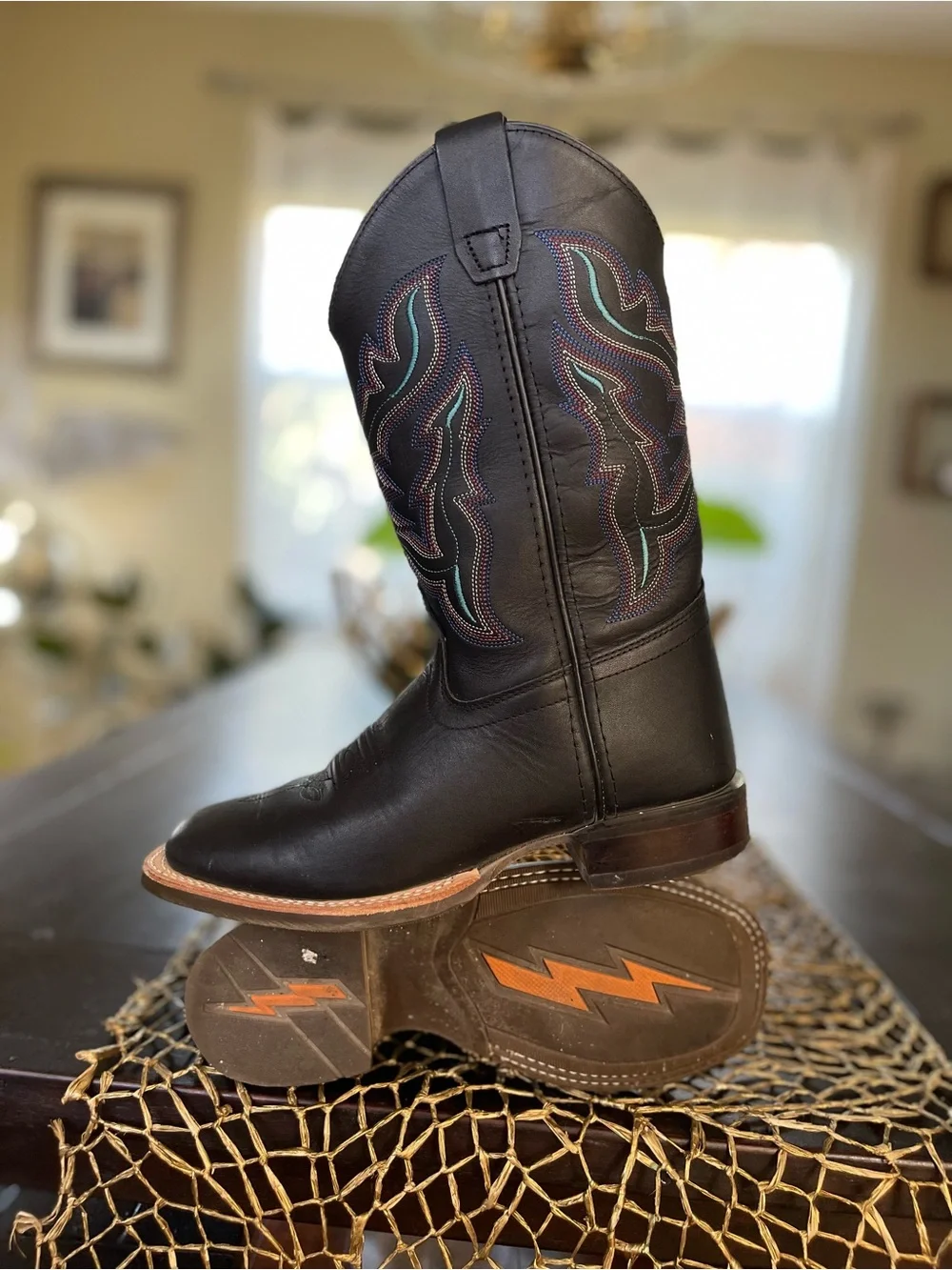 Shyanne Girls Leather Western Cowboy Square Toe Boots with Teal & Pink Stitching